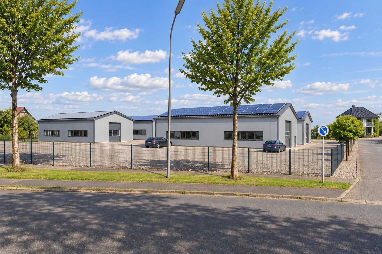 Hallen mit Solardach auf einem eingezäunten Schotterhof